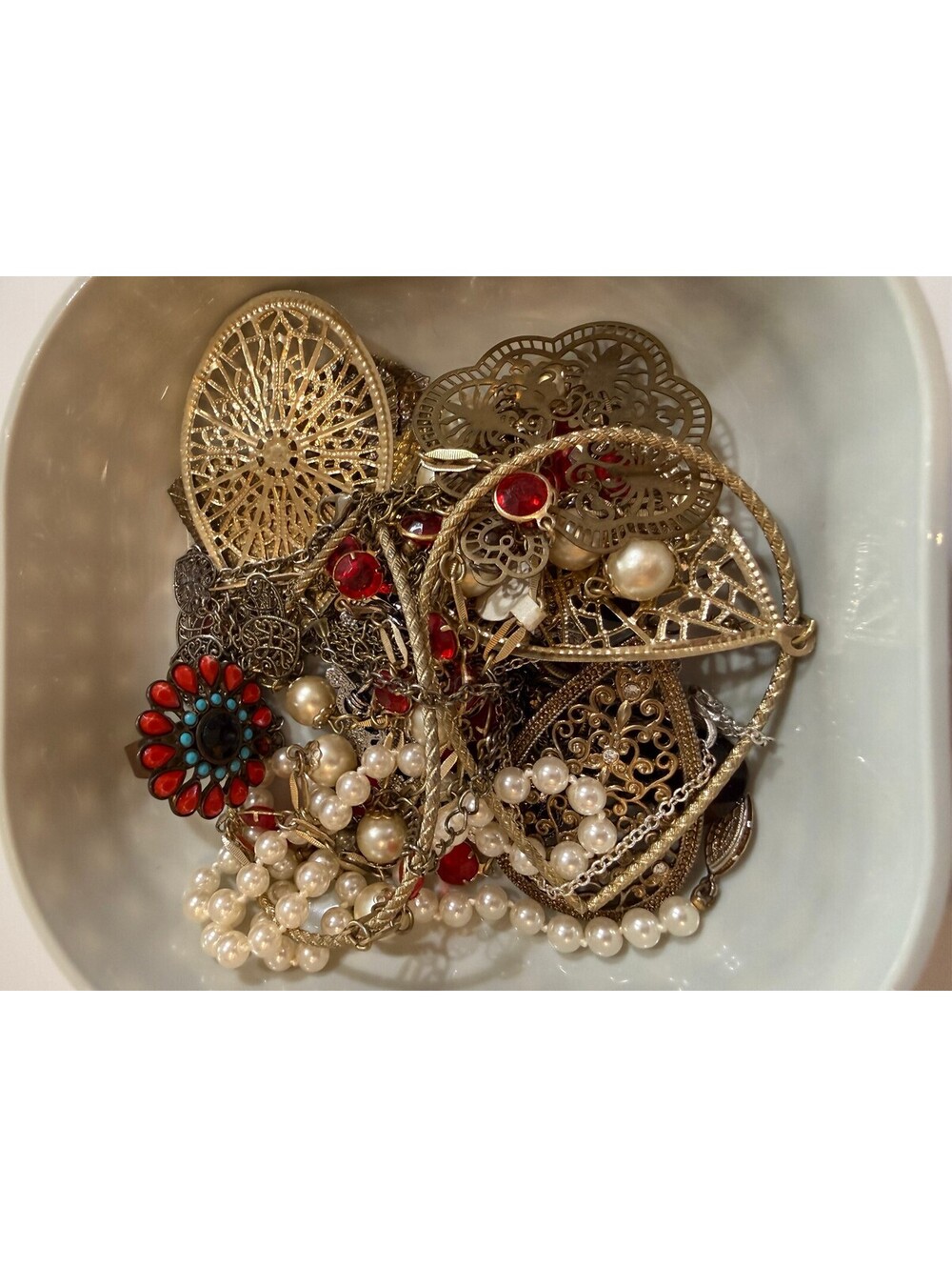 Vintage Mixed Metal and Faux Pearl Armlets and Hand Harness Jewelry Set